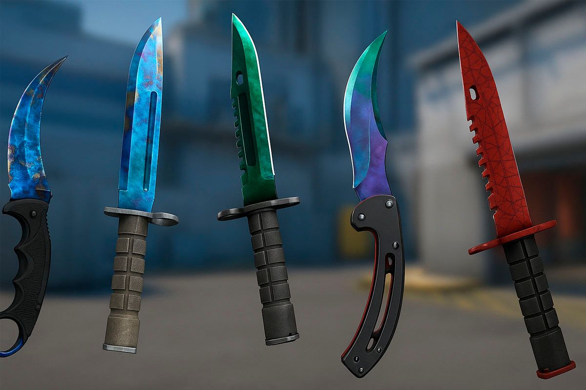 Five rare CS2 knives displayed