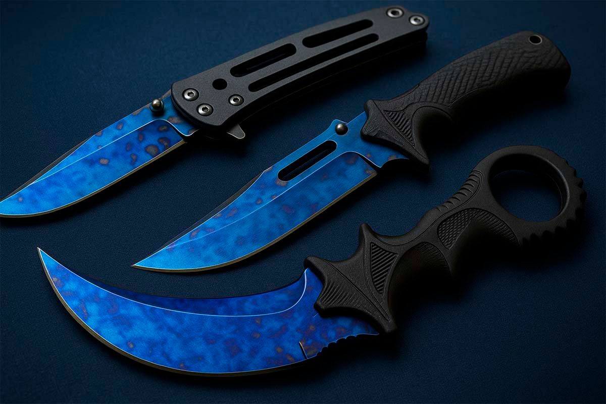 Three knives with blue blades