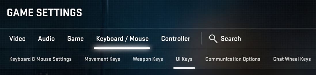 Keyboard/Mouse section in game settings