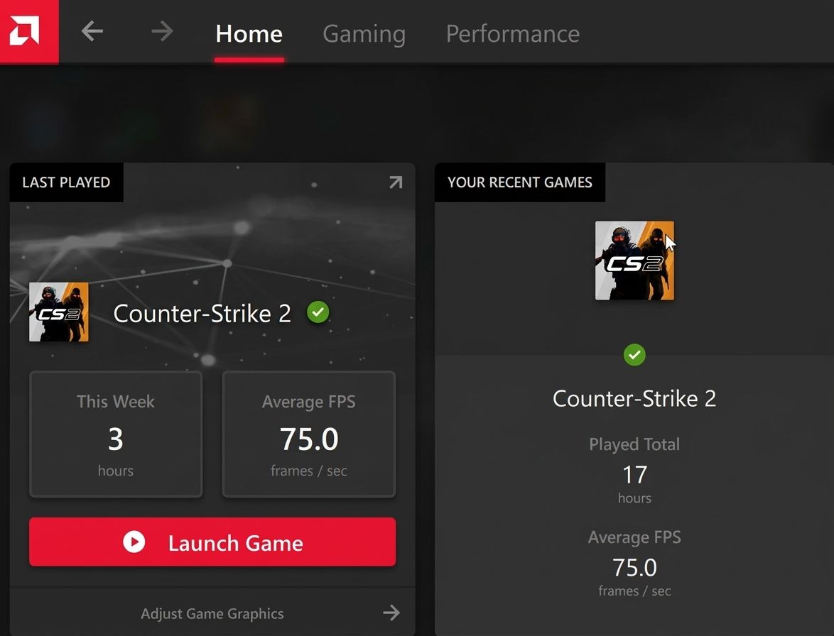 AMD Adrenalin game profile list showing Counter-Strike 2