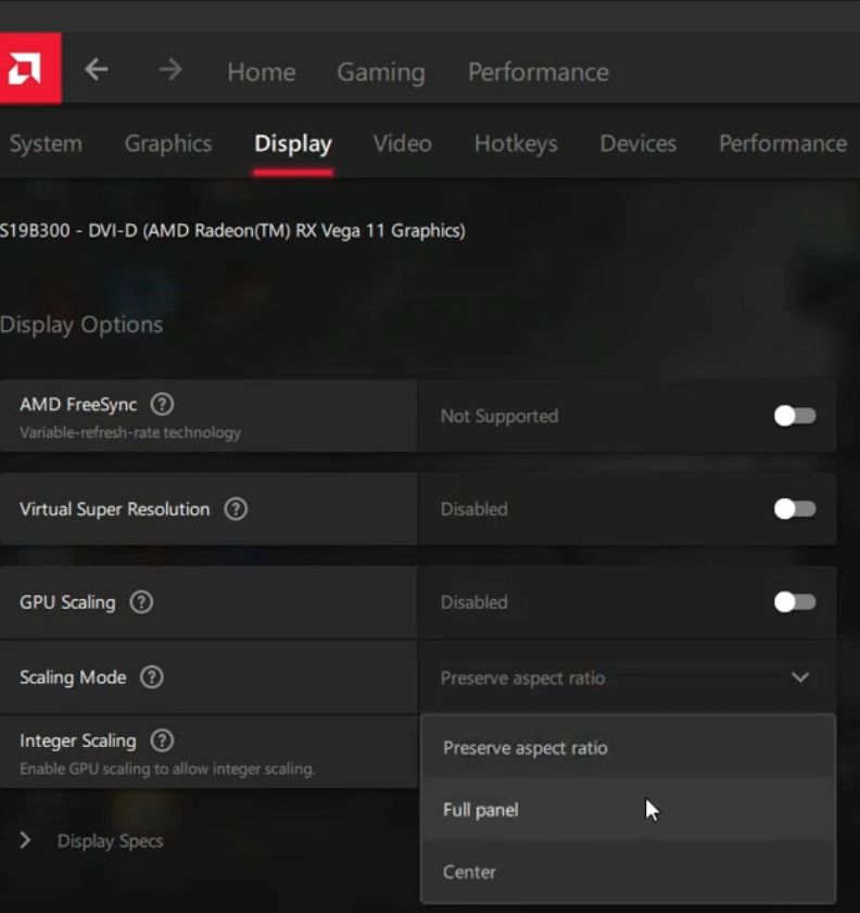 Setting Scaling Mode to Full Panel