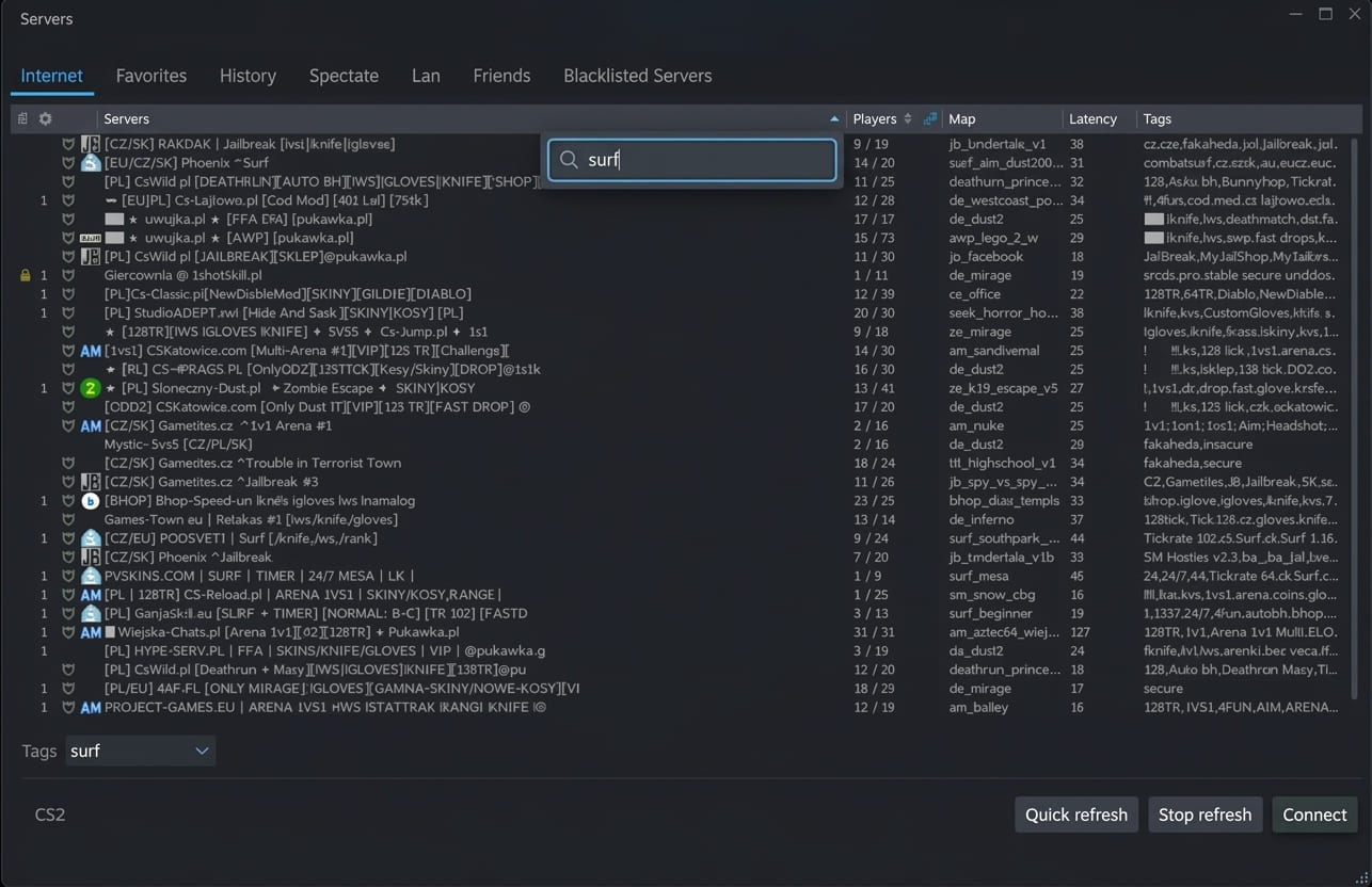 Search bar with "surf" typed