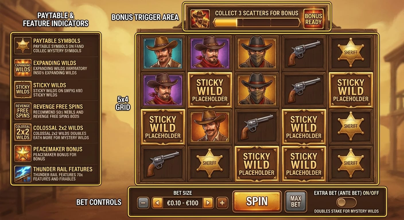 Labeled interface: grid, bet controls, paytable, feature indicators, bonus trigger area