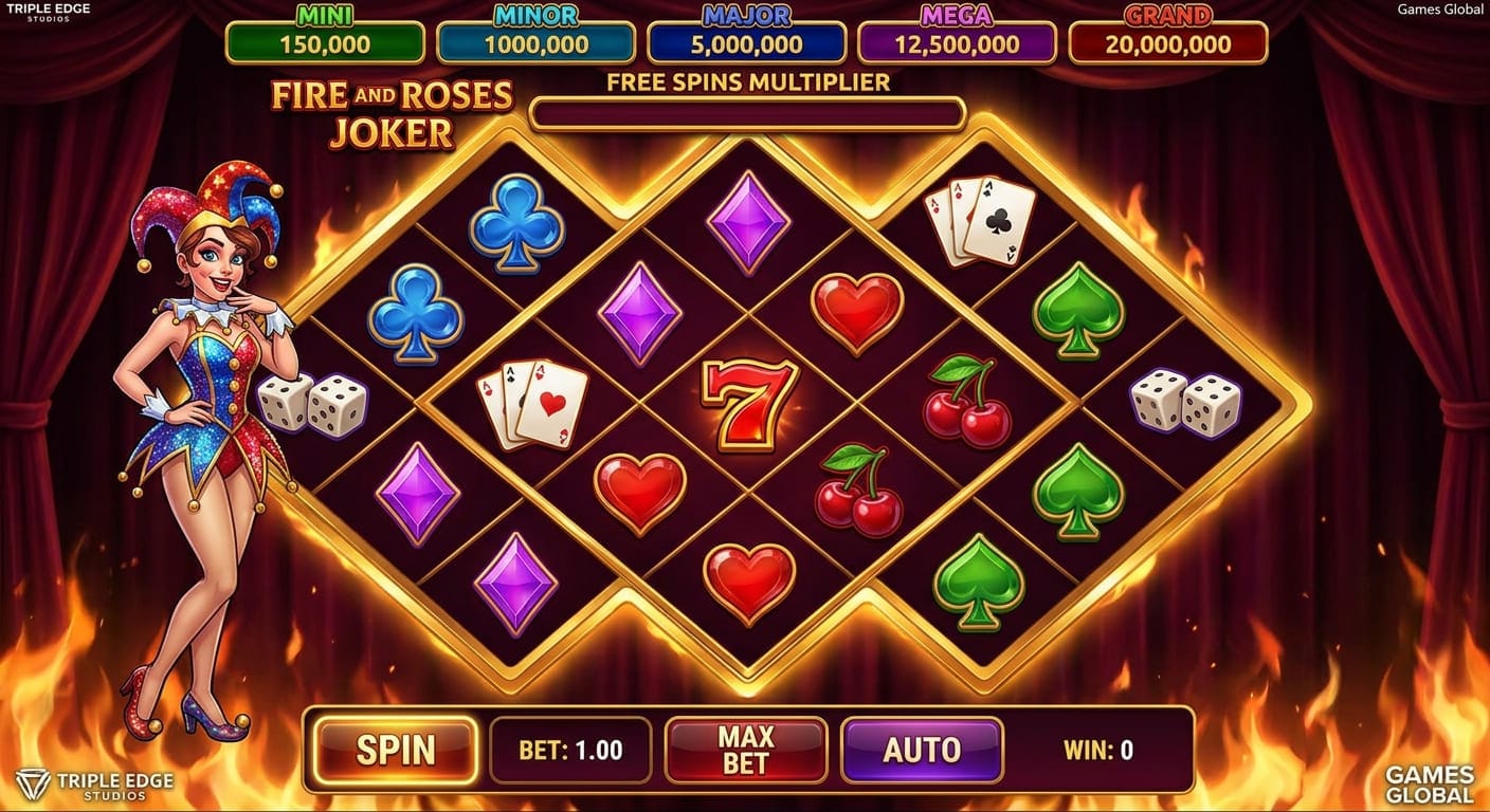 Fire and Roses Joker main game screen showing the diamond-shaped reel grid and Jolene the Joker character