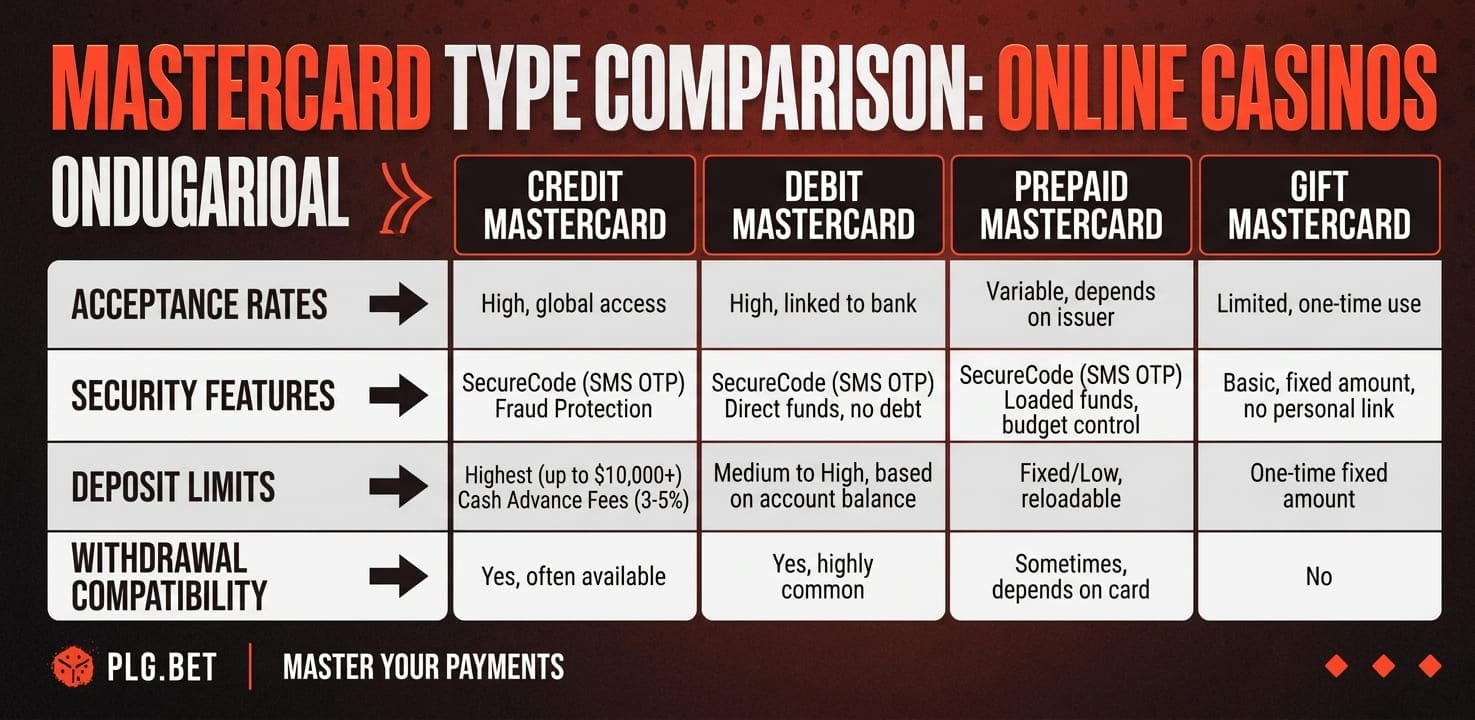Credit vs. debit vs. prepaid vs. gift Mastercard: acceptance rates, security features, deposit limits, withdrawal compatibility