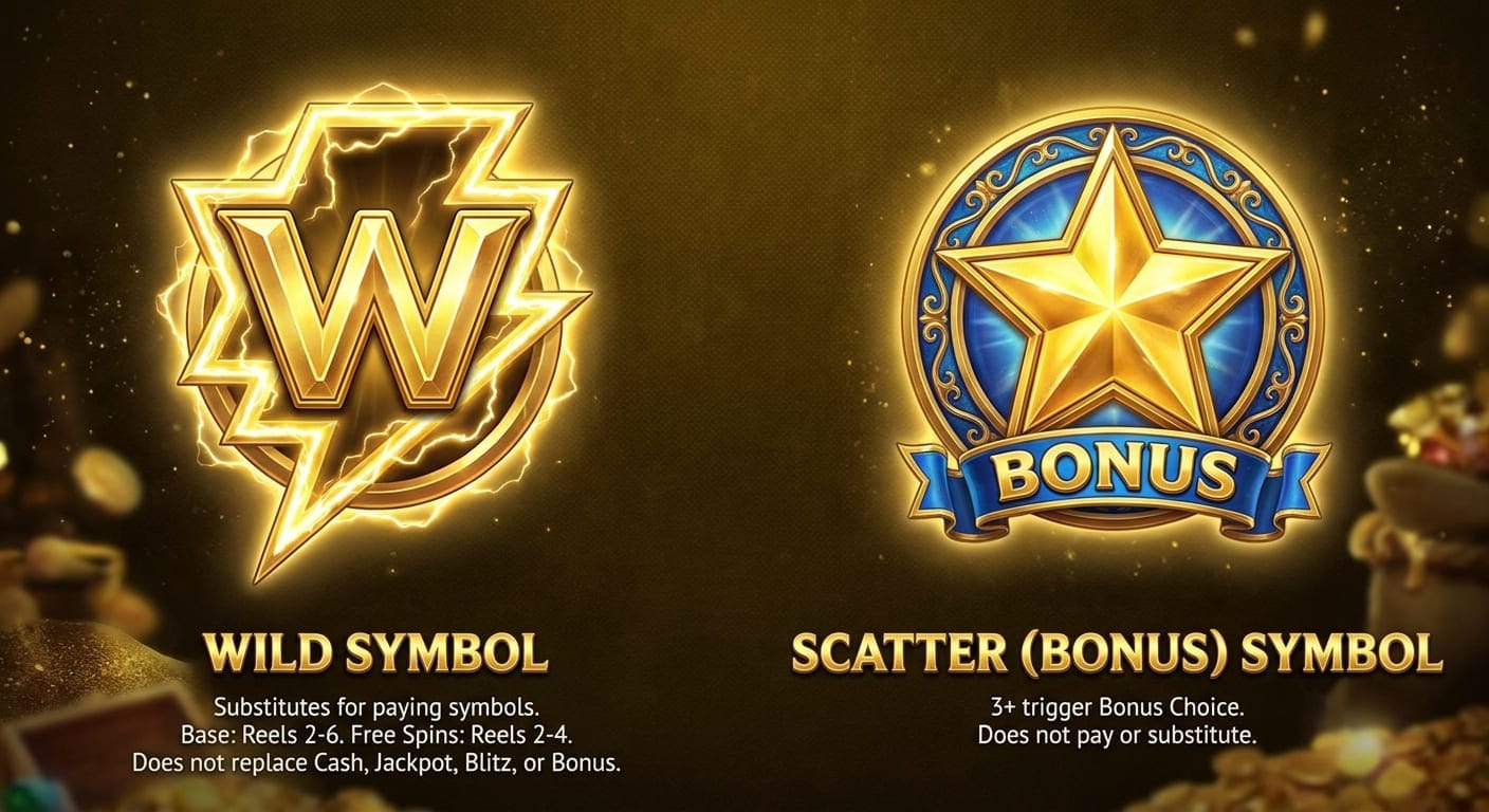 Gold Blitz wild symbol and scatter symbol