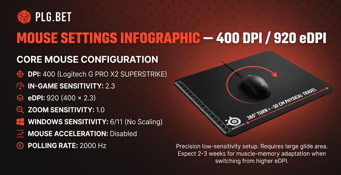 Physical mouse-movement distances for m0NESY's eDPI 920 across common CS2 actions (180-degree turn, AWP quick-scope, spray control).