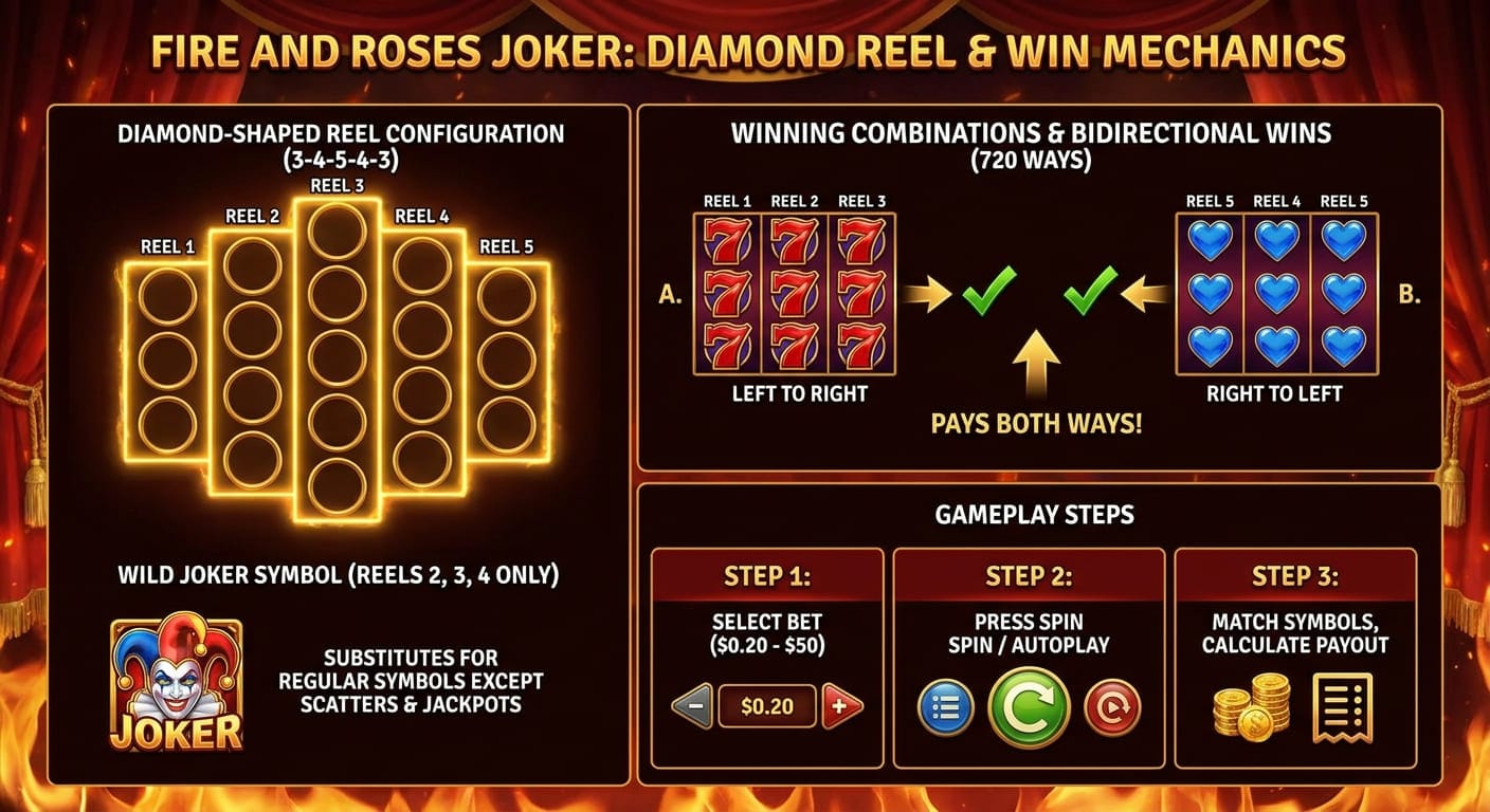 Diamond-shaped reel layout showing the 3-4-5-4-3 configuration and how winning combinations form across adjacent reels in both directions
