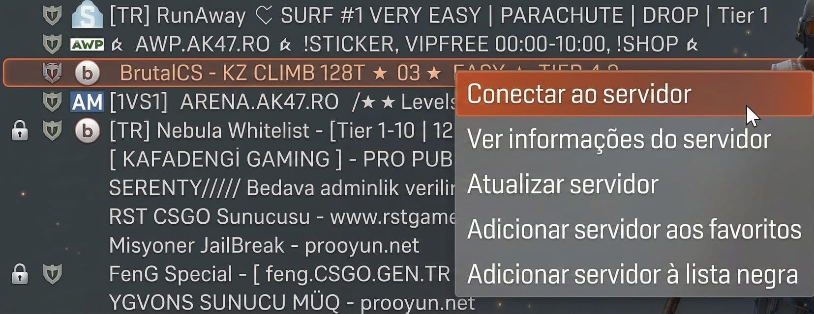 selecionando conectar ao servidor