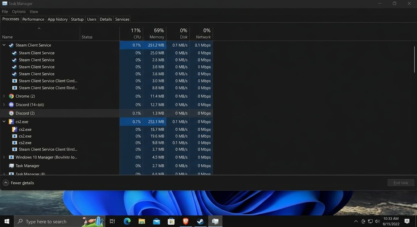 Скриншот Диспетчера задач с выделенными процессами Steam и cs2.exe.
