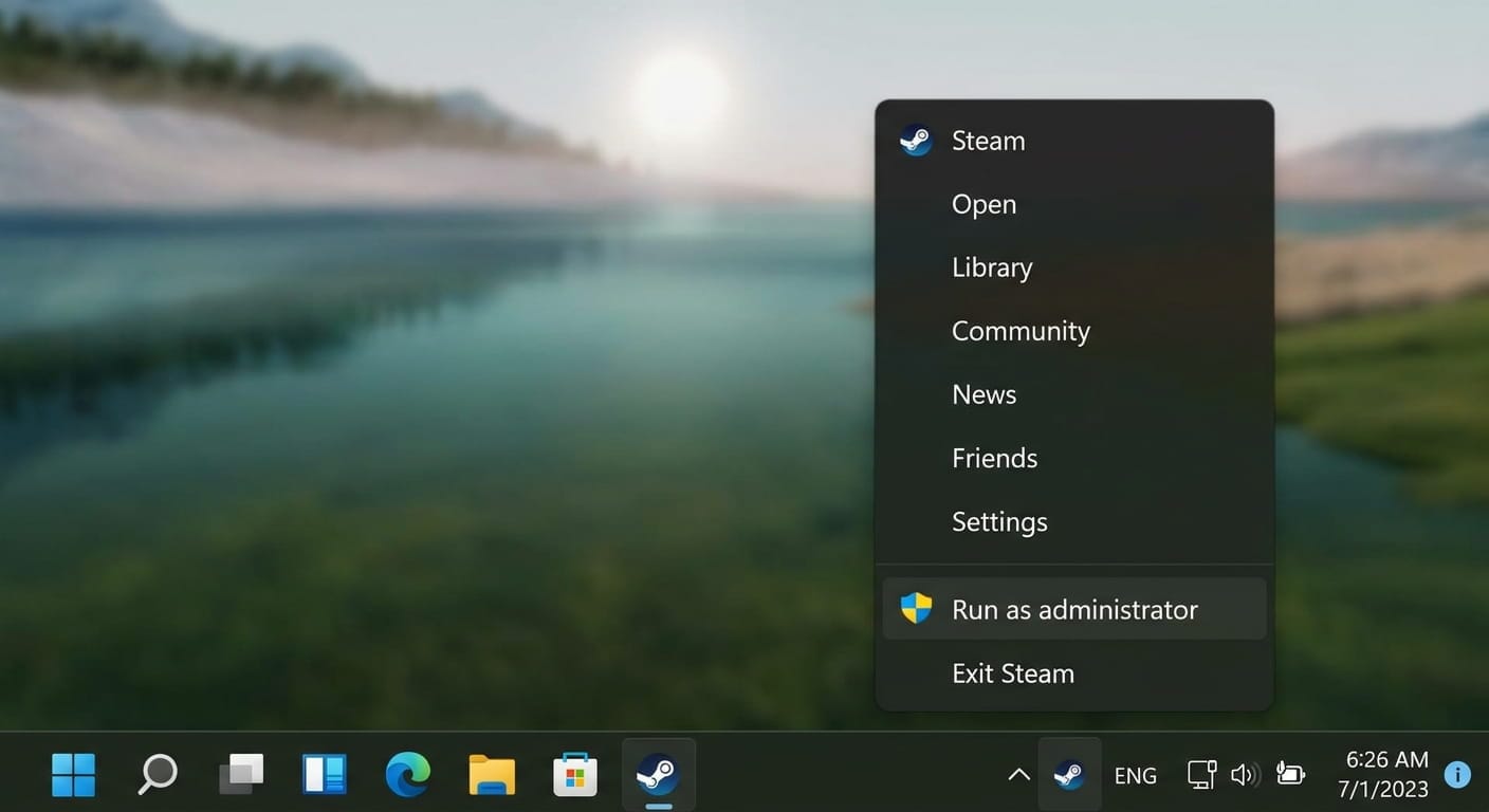 Скриншот контекстного меню Steam с пунктом «Запуск от имени администратора».