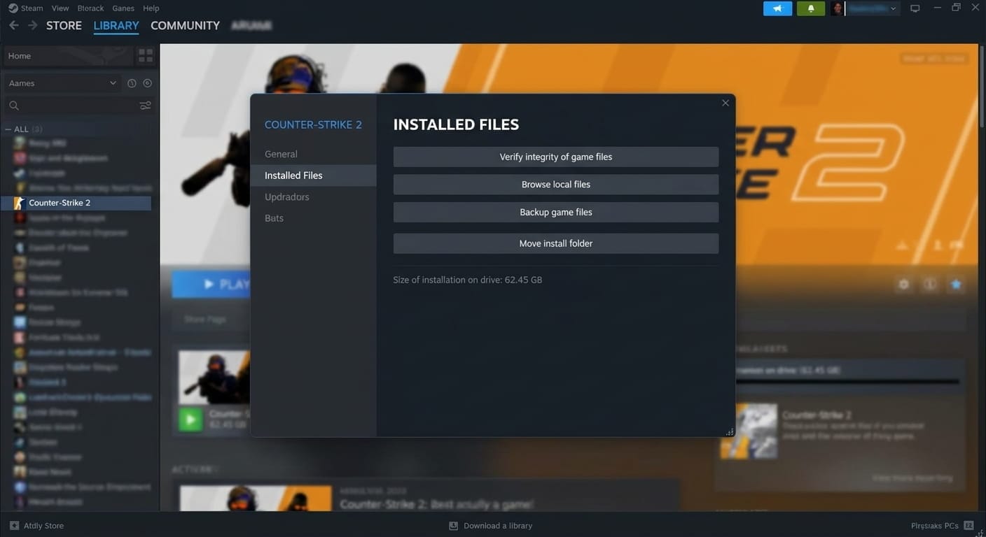 Скриншот меню «Свойства» CS2 в Steam с открытой вкладкой «Установленные файлы».