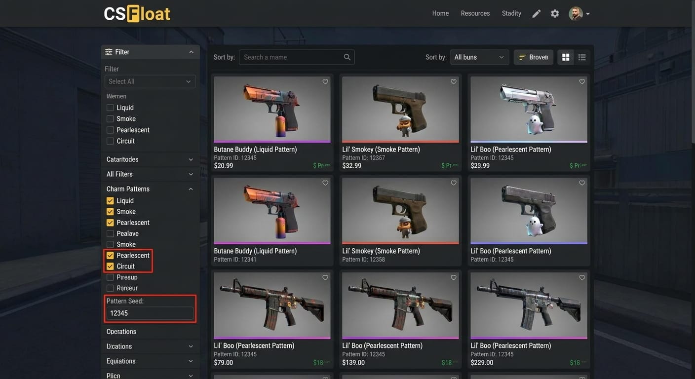 Скриншот интерфейса CSFloat или Buff с активным фильтром по паттернам брелоков.